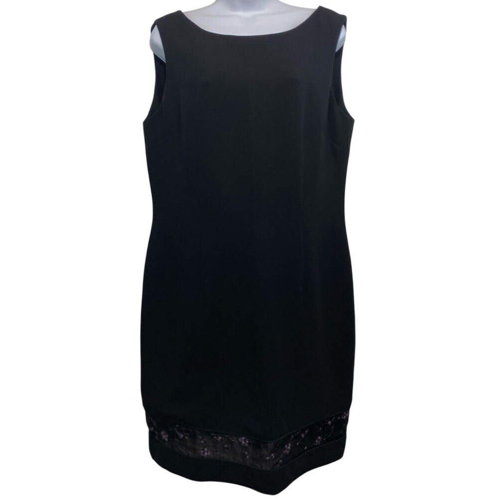 Jones New York Dress Size 14 Black Sleeveless Lined Floral Lace Hem Accent Midi